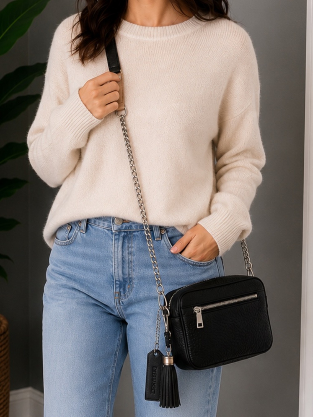 Danier Y2K Moto Black Leather Chain Crossbody Bag Tassel